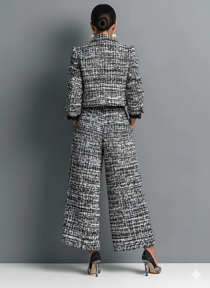 Conjunto de chaqueta corta de mezcla de tweed de mujer con solo botón y pantalones de pierna ancha MDA2589H6Y