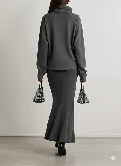 Conjunto de sudadera de manga larga con cuello medio para mujer, falda con cola de pez ajustada a la cadera MDA1136J6Y