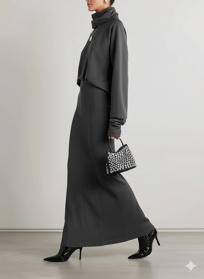 Conjunto de sudadera de manga larga con cuello medio para mujer, falda con cola de pez ajustada a la cadera MDA1136J6Y