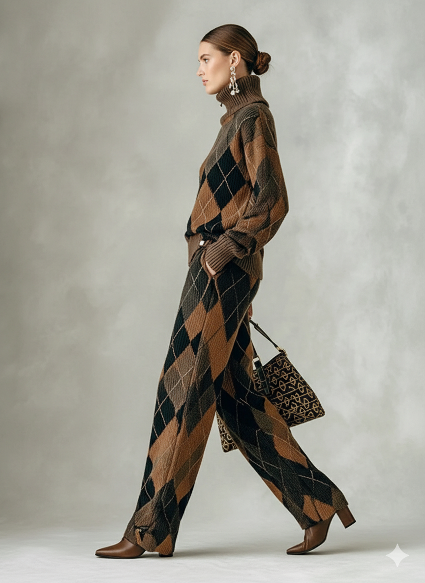 Conjunto de Suéter de Cuello Alto y Pantalones Rectos de Jacquard Argyle para Mujer MDA1596J6Y