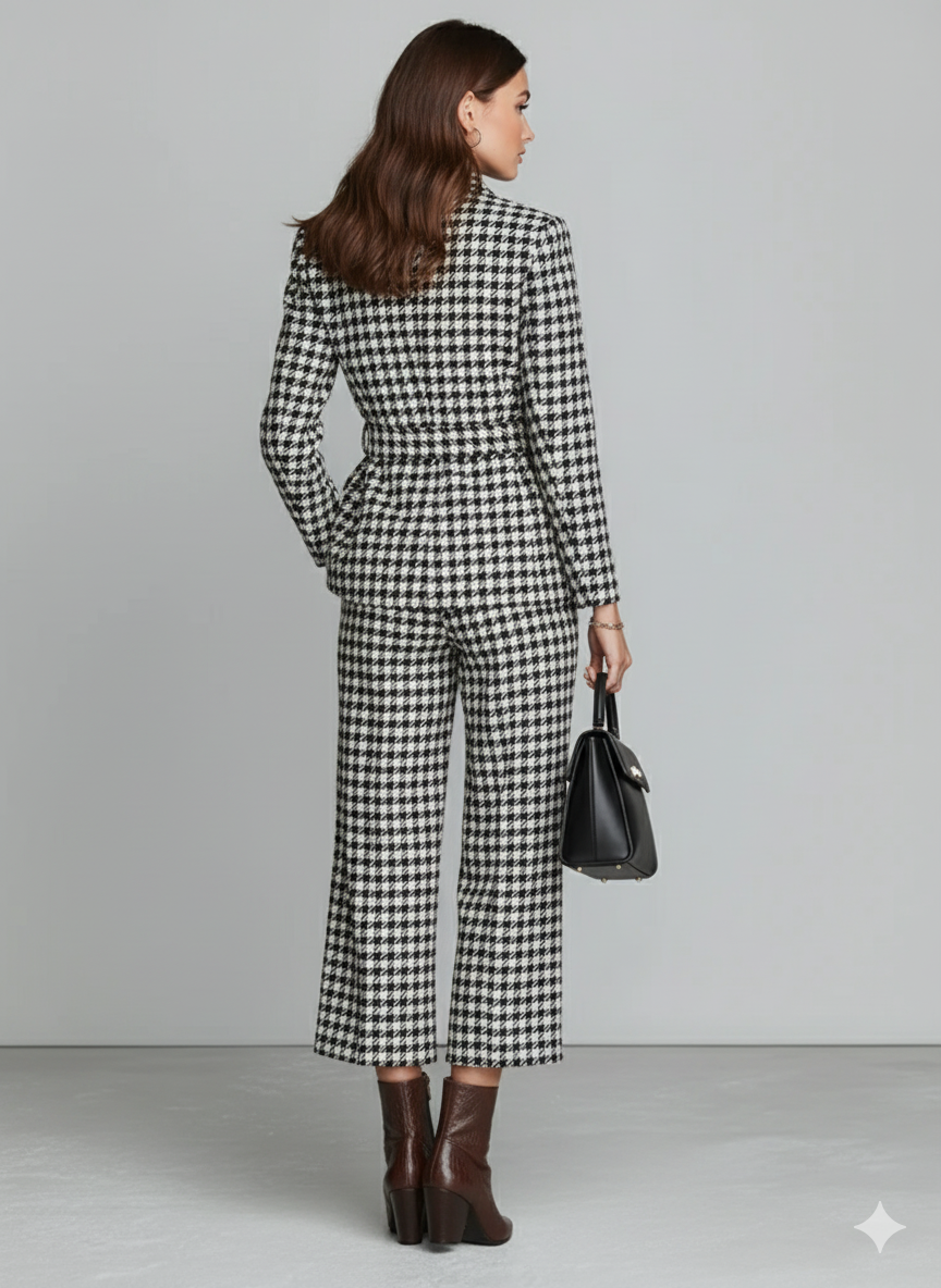 Conjunto de bléiser con estampado de pata de gallo para mujer con cinturón y pantalones cropped MDA1515J3Y