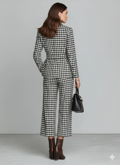 Conjunto de bléiser con estampado de pata de gallo para mujer con cinturón y pantalones cropped MDA1515J3Y