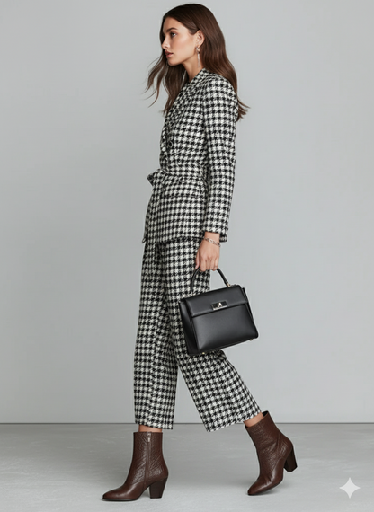 Conjunto de bléiser con estampado de pata de gallo para mujer con cinturón y pantalones cropped MDA1515J3Y