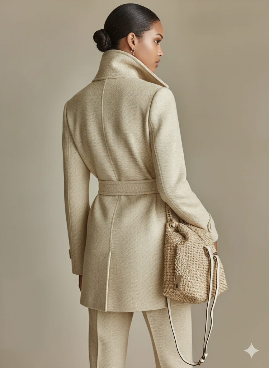 Abrigo de mujer en color beige claro y entallado hecho de mezcla de lana con cinturón MDA1555J2I