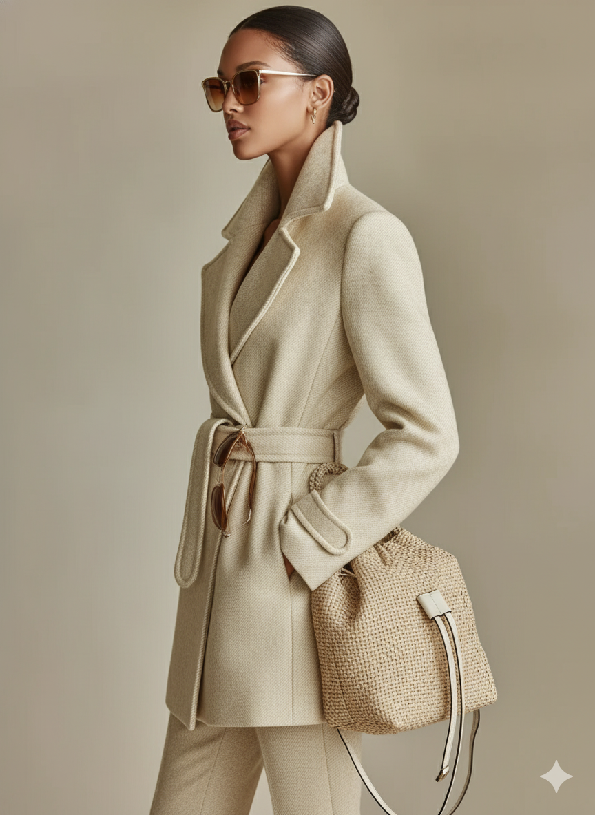 Abrigo de mujer en color beige claro y entallado hecho de mezcla de lana con cinturón MDA1555J2I