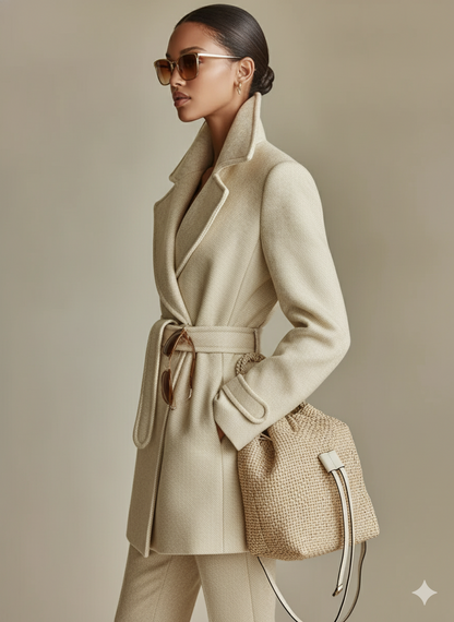 Abrigo de mujer en color beige claro y entallado hecho de mezcla de lana con cinturón MDA1555J2I