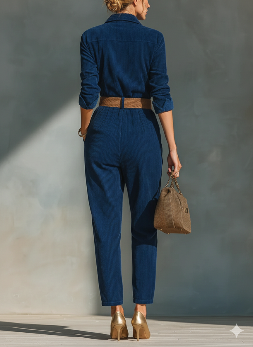 Conjunto de camisa y pantalones de pana azul oscuro para mujer MDA1520J3T