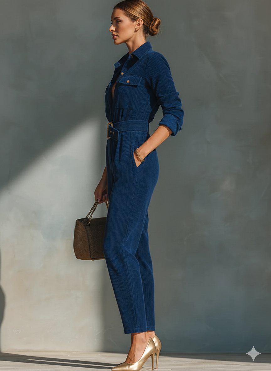 Conjunto de camisa y pantalones de pana azul oscuro para mujer MDA1520J3T