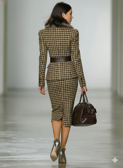 Conjunto de blazer y falda con cuello de piel desmontable para mujer en patrón de tejido de perro con espiga MDA1772J0Y