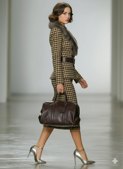 Conjunto de blazer y falda con cuello de piel desmontable para mujer en patrón de tejido de perro con espiga MDA1772J0Y