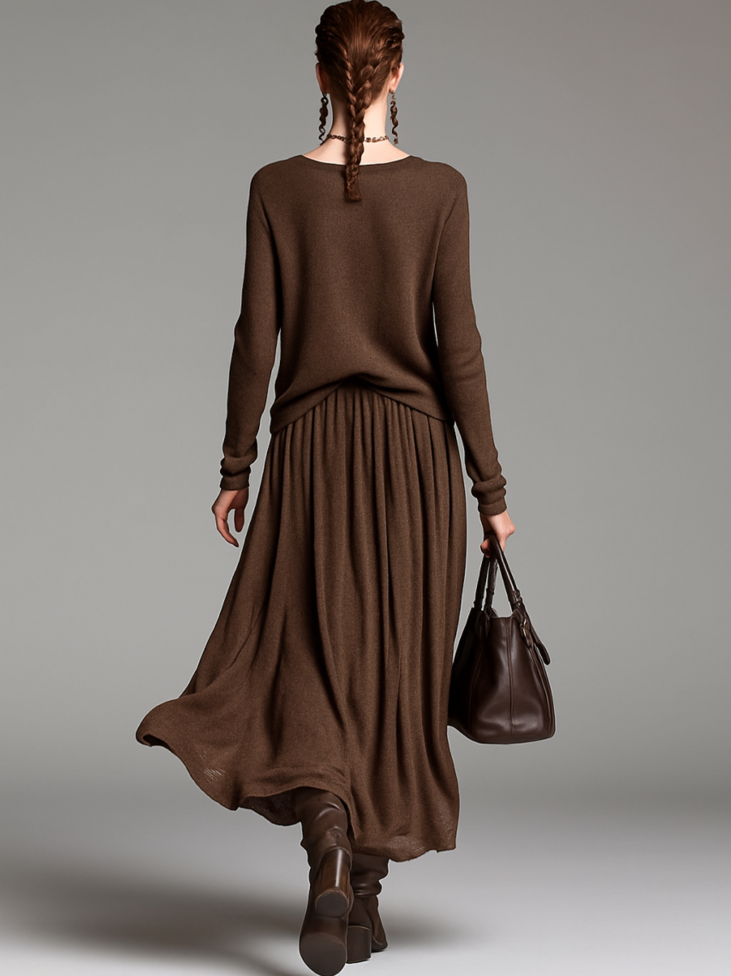 Conjunto de falda y suéter de punto con cuello redondo para mujer MDA0737H3Y