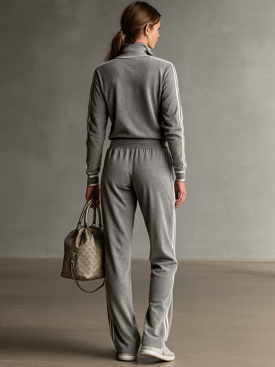 Conjunto de sudadera y pantalón de felpa con cremallera, cuello alto, bordado en tela de algodón mezclado para mujer MDA0782H9Y