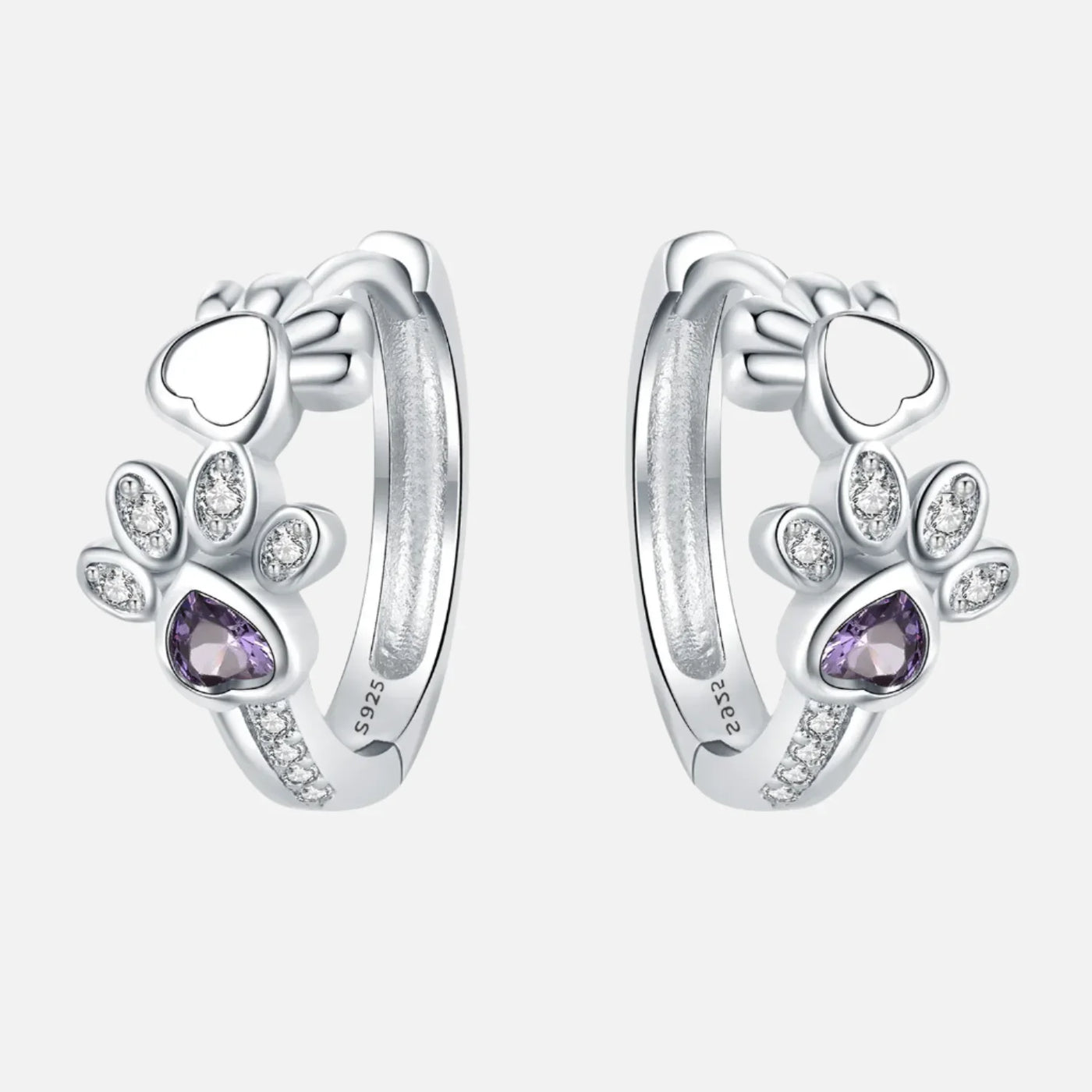 Pendientes Paw Huggie de plata con circonitas y gema en forma de corazón