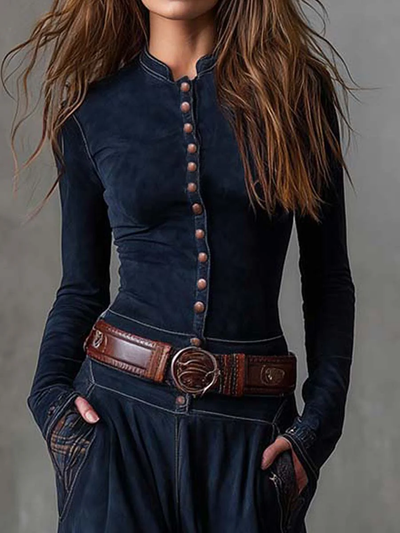 Cristina| Vestido largo vintage de ante de cuadros azul marino