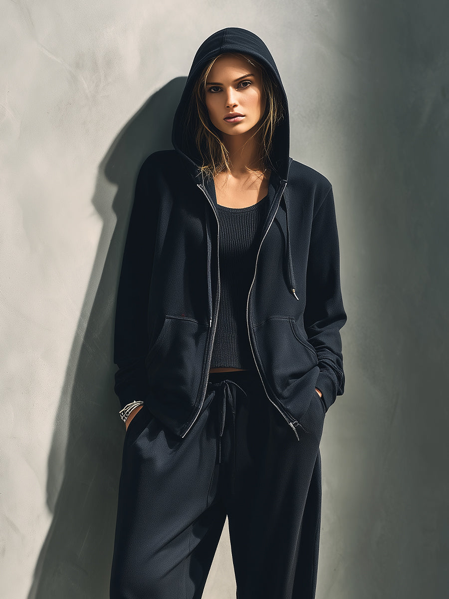 Conjunto de loungewear de gran tamaño para mujer en mezcla de algodón negro con sudadera con capucha y pantalones con cordón, conjunto deportivo sin esfuerzo MDA2498J3I