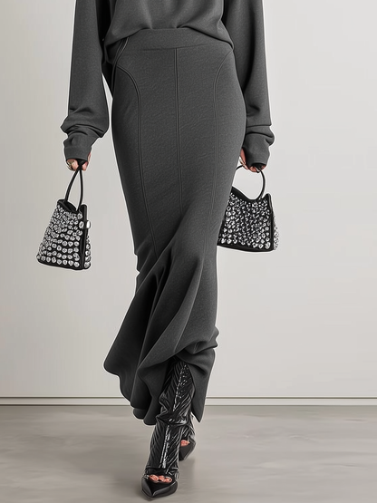 Conjunto de sudadera de manga larga con cuello medio para mujer, falda con cola de pez ajustada a la cadera MDA1136J6Y