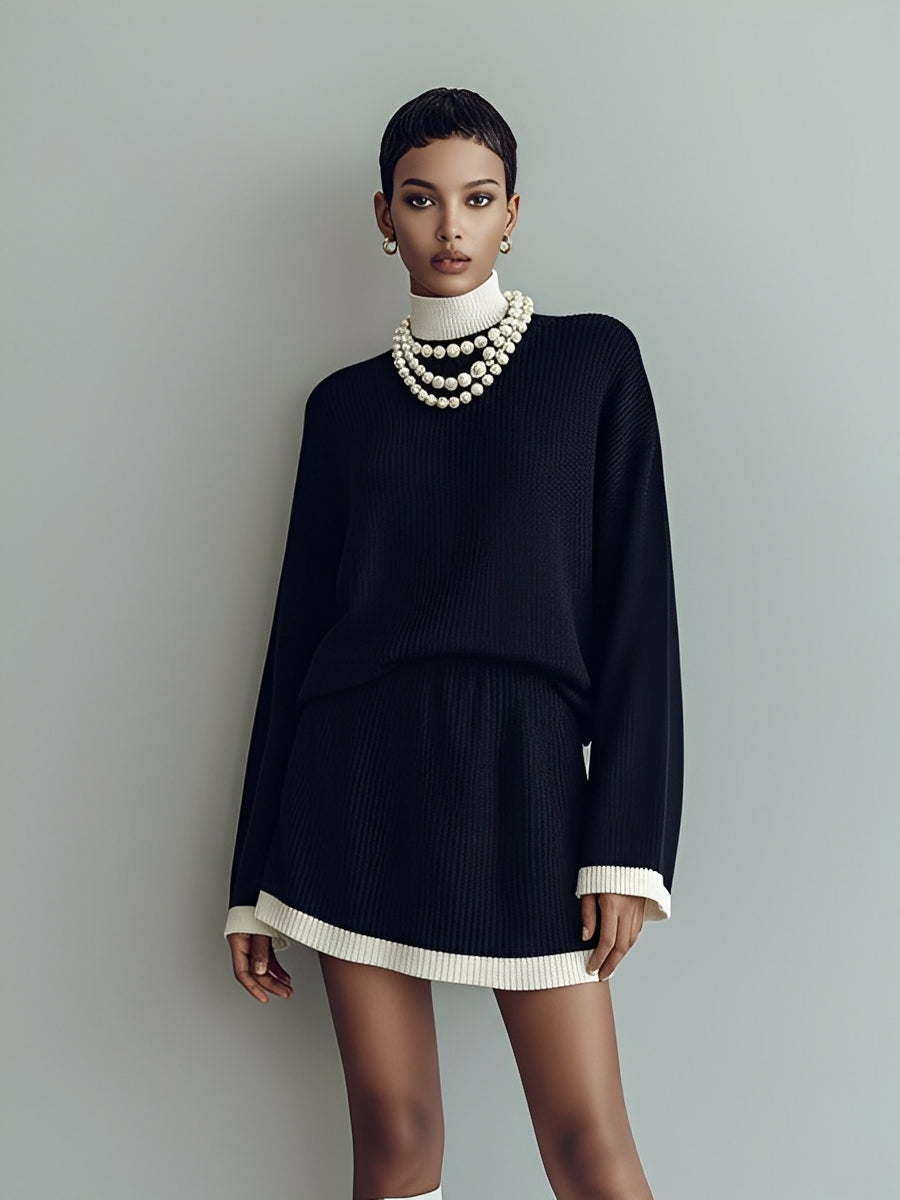 Conjunto de Suéter Mini de Punto en Negro y Blanco para Mujeres, Contraste y Detalle Elegante MDA1328J8I