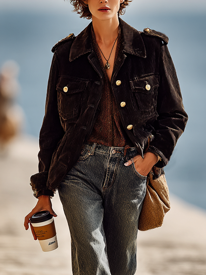 Chaqueta de mujer minimalista suelta de pana con hombreras y cierre sencillo MDA2858I2Y