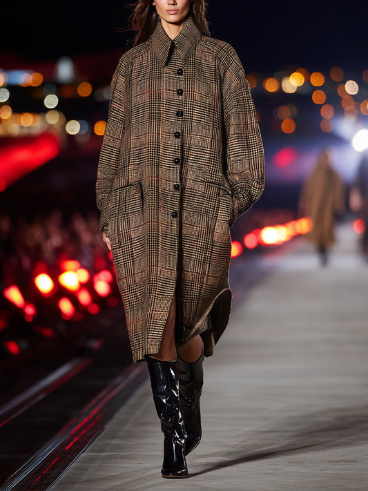 Abrigo Oversized de Mujer en Muestra de Cuadros Marrón con Mezcla de Lana, Frente de Botones y Cuello Camisa, Estilo Retro Chic MDA2465J4I