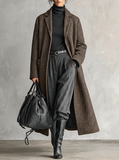 Abrigo largo minimalista para mujer de corte suelto con estilo espiga de mezcla de lana con solapa MDA1780J3Y