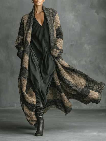 Cardigan Largo Retro de Mujeres con Rayas y Bloques de Color Suelto MDA2685H3Y