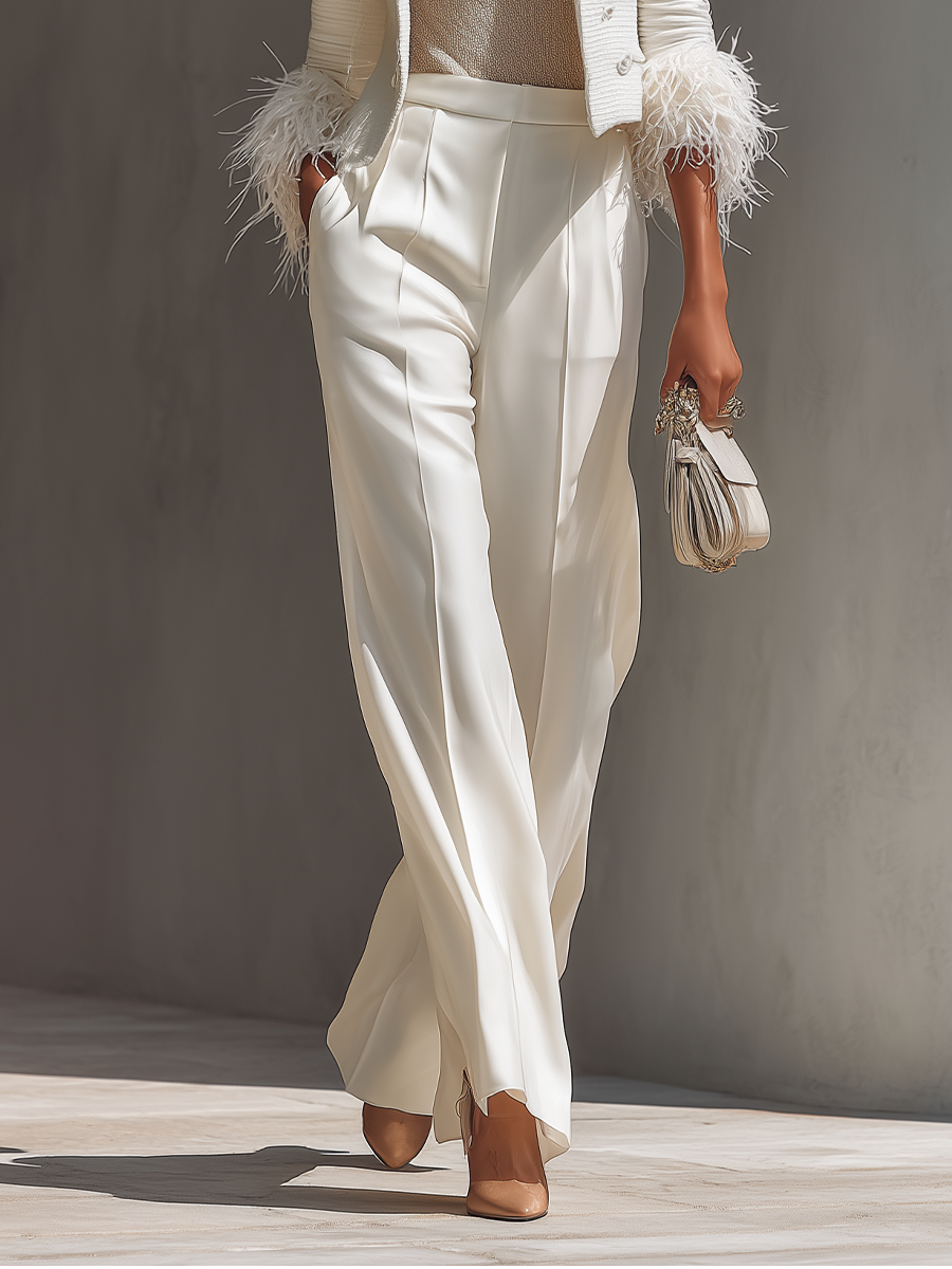 Conjunto de chaqueta de tweed blanca para mujer y pantalones rectos de mezcla de algodón MDA2451J7T