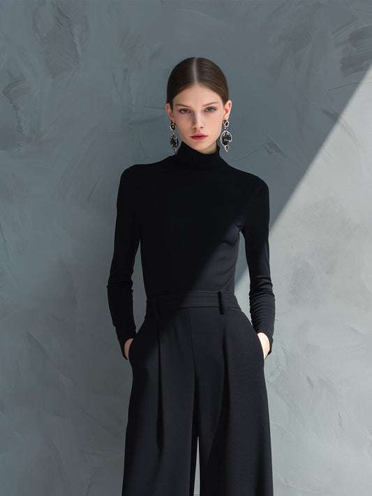 Mono largo ancho de cuello alto clásico de punto negro para mujer MDA2133J5I