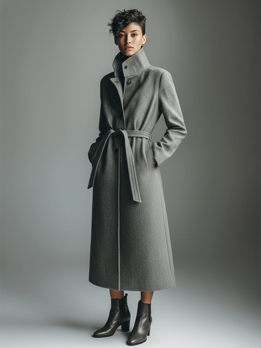 Abrigo Moderno de Oveja con Mezcla de Lana Gris para Mujer con Cinturón MDA1531J3I