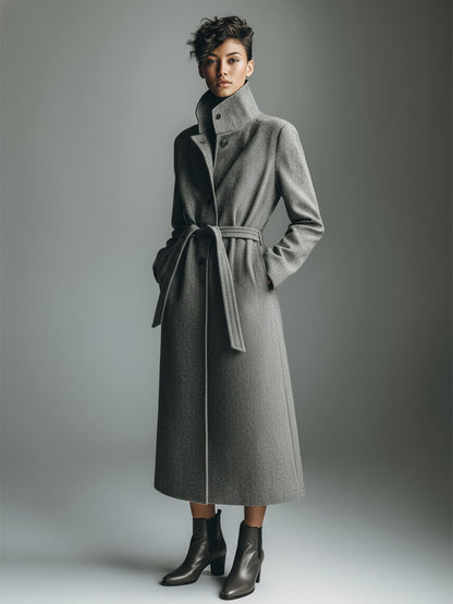 Abrigo Moderno de Oveja con Mezcla de Lana Gris para Mujer con Cinturón MDA1531J3I