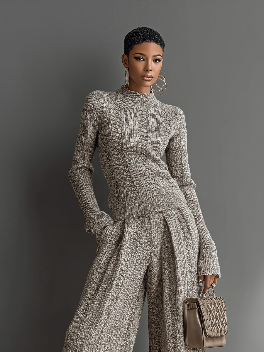 Conjunto de Suéter Texturizado Elegante en Color Topo para Mujer y Pantalones de Pierna Ancha MDA1453H6I
