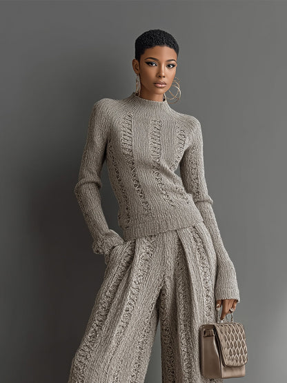 Conjunto de Suéter Texturizado Elegante en Color Topo para Mujer y Pantalones de Pierna Ancha MDA1453H6I