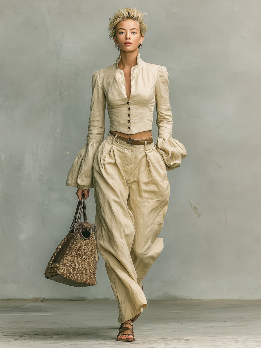 Conjunto de dos piezas de mujer con camisa de manga larga estilo retro de lino con cuello elevado y pantalones