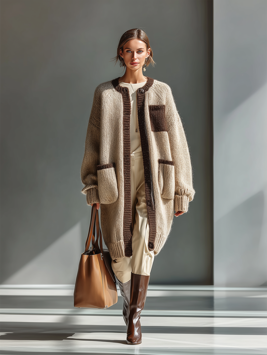 Chaqueta holgada informal de punto grueso beige y marrón claro para mujer MDA2130J7T