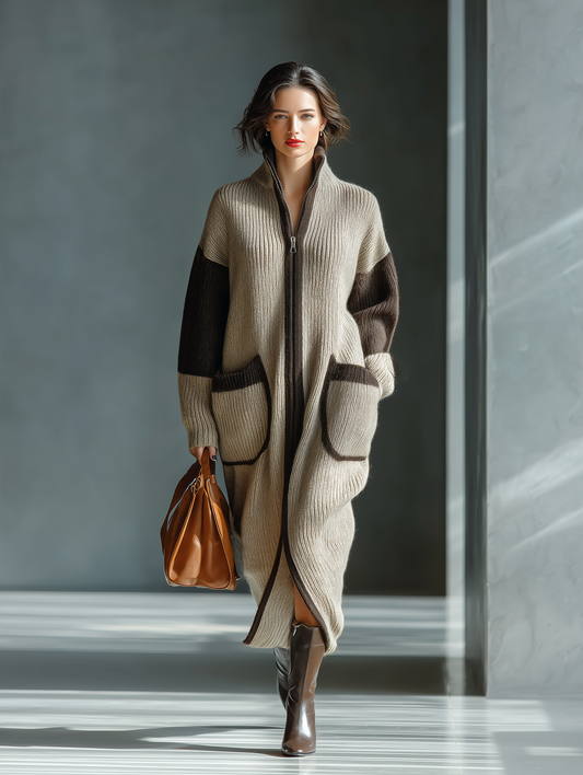 Cárdigan para mujer beige y marrón con cremallera y contraste en punto MDA2053J5T