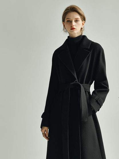 Abrigo Maxi de Mujer en Lana Negra Elegante con Solapa en Punta y Cinturón en la Cintura, Estilo de Lujo Atemporal MDA2480J6I