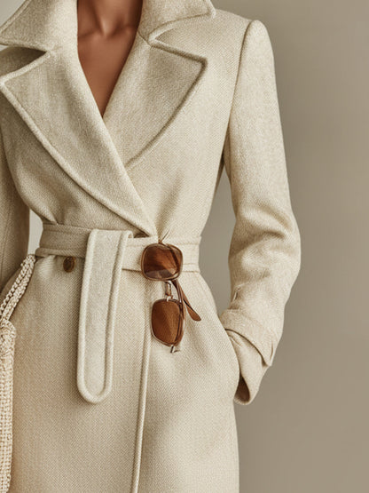 Abrigo de mujer en color beige claro y entallado hecho de mezcla de lana con cinturón MDA1555J2I