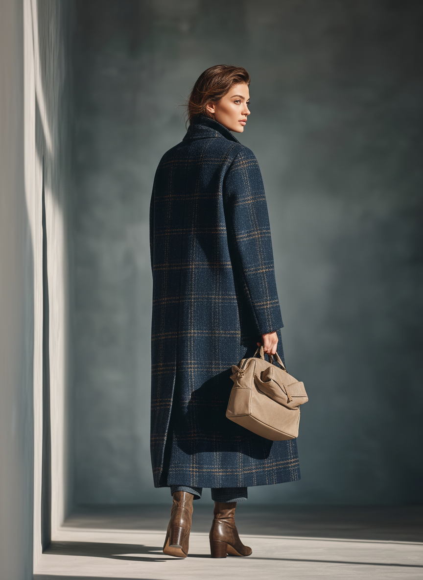 Abrigo de mujer a cuadros en lana con mezcla de color azul MDA2027J8T