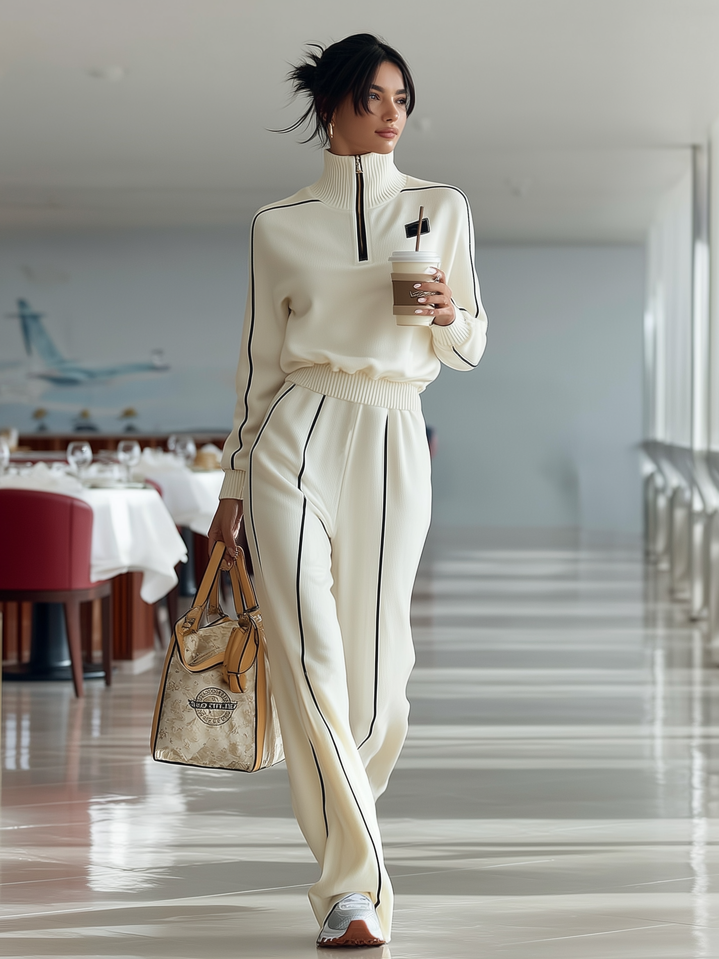 Conjunto deportivo casual para mujer con cuello medio de cremallera y ribete negro MDA2436I5Y