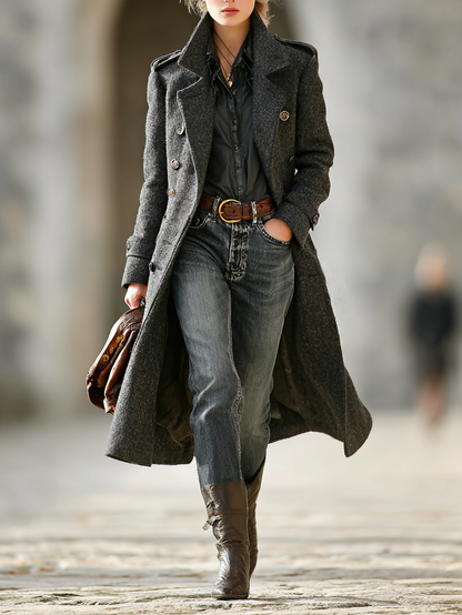 Abrigo largo minimalista de mujer con mezcla de lana, doble botonadura, solapas y hombreras MDA2852I5Y