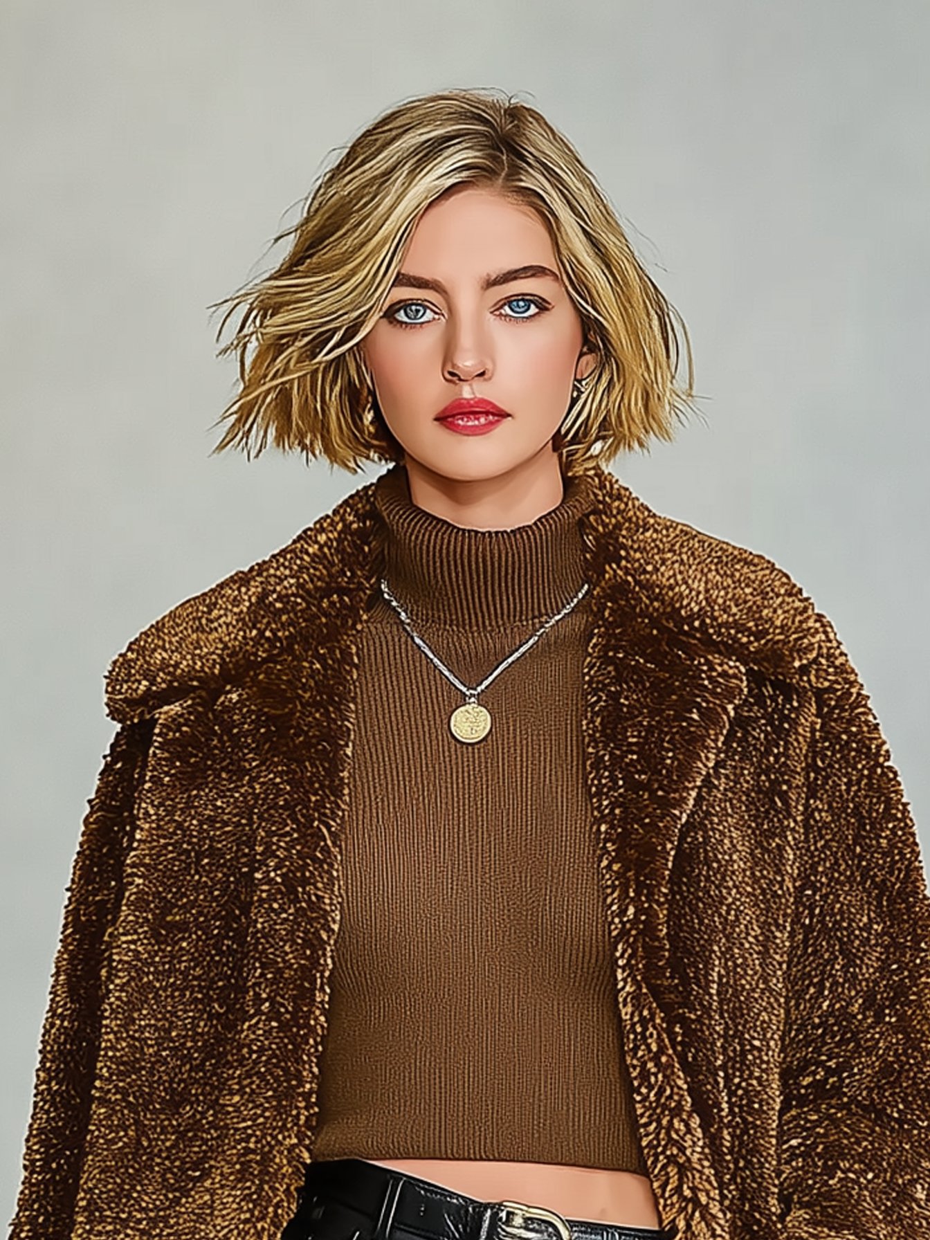 Chaqueta corta de mujer de felpa mezcla con solapa y sin botones MDA1081J7Y