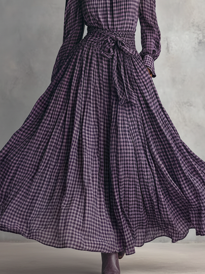 Conjunto de blusa de manga larga y falda larga de mezclilla a cuadros para mujer MDA1676J3Y