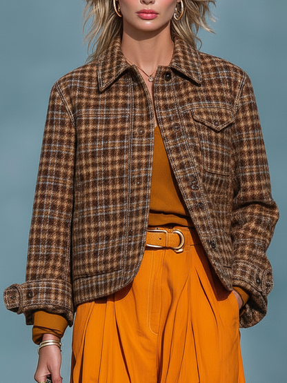 Chaqueta de mezcla de lana a cuadros para mujer con solapa MDA1703J1Y