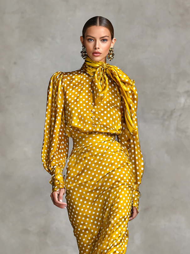 Conjunto de dos piezas de blusa y falda de satén vintage con estampado de lunares para mujer (sin incluir bufanda) MDA3073G0Y