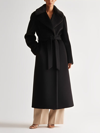 Abrigo de mujer negro de lana con cuello amplio y cinturón de atar, estilo minimalista elegante MDA2342J8I