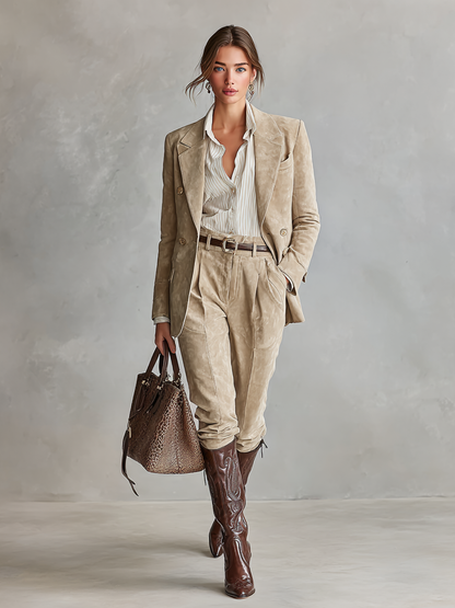 Conjunto de blazer holgado y pantalones rectos de ante sintético para mujer MDA2733H9Y