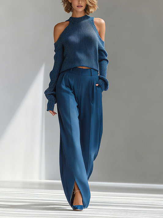 Conjunto de Suéter con Cuello Deportivo y Pantalones de Pierna Ancha para Mujer en Azul Elegante de Punto Ribeteado