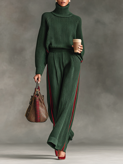 Conjunto de Suéter de Cuello Alto con Ribete Rojo y Pantalones Rectos de Punto para Mujer MDA2420I4Y