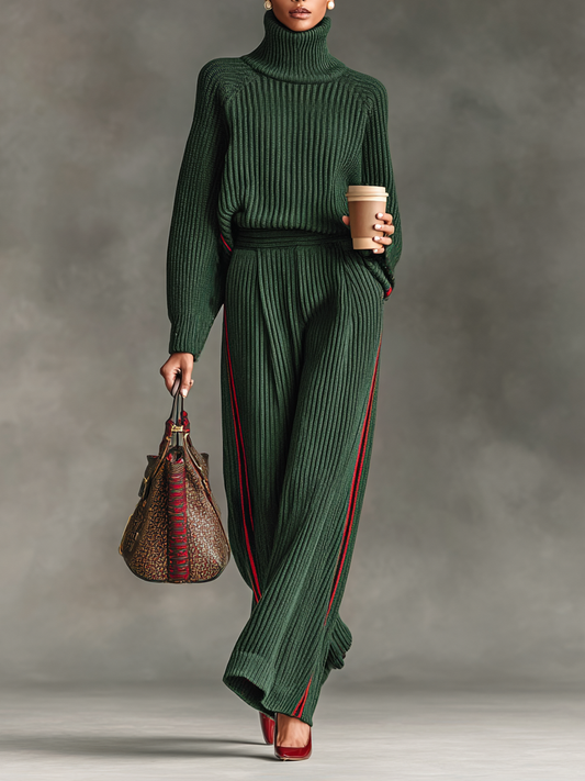 Conjunto de Suéter de Cuello Alto con Ribete Rojo y Pantalones Rectos de Punto para Mujer MDA2420I4Y