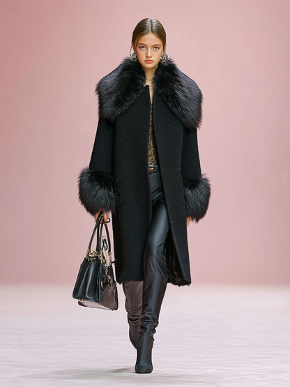 Abrigo de damasco con puños y solapa de mezcla de lana, costuras decorativas y adorno de felpa desmontable MDA1029J2Y