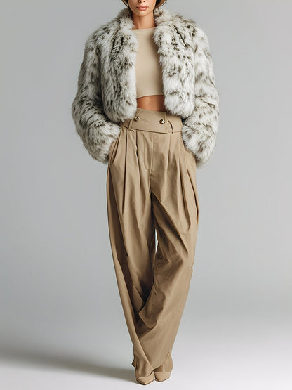 Chaqueta moderna de pelaje sintético ancho gris-blanco para mujer, con cuello grande y cropped MDA1783J7I